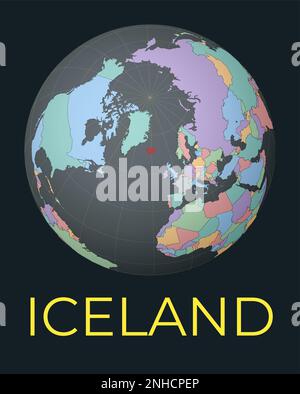 World map centered on Iceland. Red country highlighted. Satellite world view centered on the country with name. Vector Illustration. Stock Vector