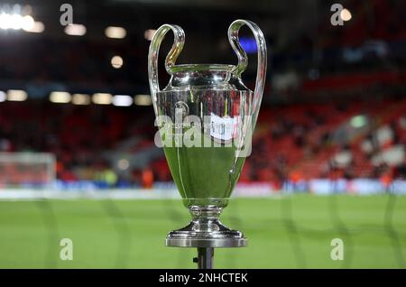 Anfield, Liverpool, Merseyside, UK. 21st Feb, 2023. Champions League Football, Liverpool versus Real Madrid; the UEFA Champions League trophy on display at the Kop End prior to the match Credit: Action Plus Sports/Alamy Live News Stock Photo