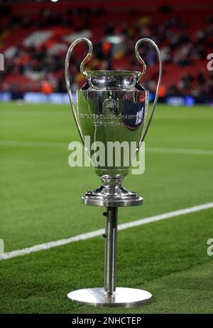 Anfield, Liverpool, Merseyside, UK. 21st Feb, 2023. Champions League Football, Liverpool versus Real Madrid; the UEFA Champions League trophy on display at the Kop End prior to the match Credit: Action Plus Sports/Alamy Live News Stock Photo