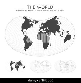 Map of The World. Hill eucyclic projection. Globe with latitude and longitude lines. World map on meridians and parallels background. Vector illustrat Stock Vector