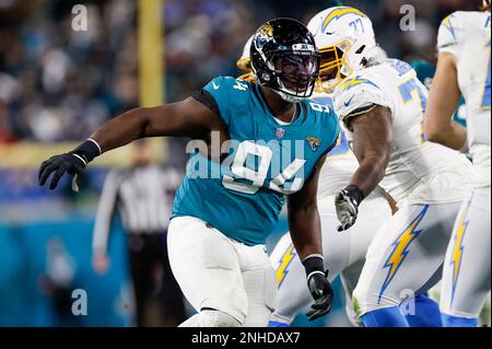 January 7, 2023: Tennessee Titans quarterback Joshua Dobbs (11) is sacked  by Jacksonville Jaguars defensive end Roy Robertson-Harris (95) during a  game in Jacksonville, FL. Romeo T Guzman/CSM/Sipa USA.(Credit Image: © Romeo