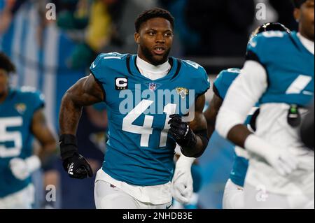 JACKSONVILLE, FL - JANUARY 14: Jacksonville Jaguars safety Andre Cisco (5)  during the game between the Los Angeles Chargers and the Jacksonville  Jaguars on January 14, 2023 at TIAA Bank Field in