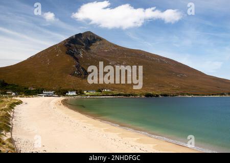 Slievemore mountain and Dugort beach on Achill island on the Wild Atlantic Way in County Mayo in Ireland Stock Photo