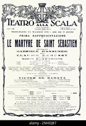 1951 : The poster for opening of  LE MARTYRE DE SAINT SEBASTIEN by Claude DEBUSSY , from a play by Gabriele D'ANNUNZIO   at   ALLA SCALA THEATRE in Milano , directed by movie conductor VICTOR DE SABATA  - TEATRO - OPERA LIRICA - MUSICA CLASSICA - CLASSICAL - MUSIC -  Theater - locandina - poster advertising  - DANNUNZIO - D' ANNUNZIO - BALLETTO - BALLET - IL MARTIRIO DI  SAN SEBASTIANO ----   Archivio GBB Stock Photo