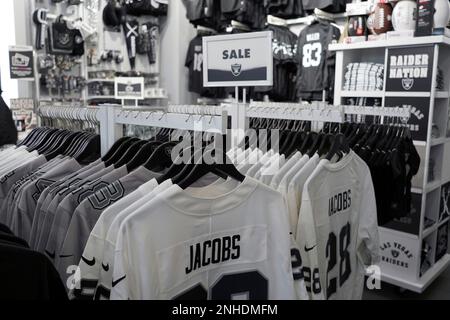 A clearance sale on the jerseys of Las Vegas Raiders quarterback Derek Carr  (4) at the Raider Image team store at the Harry Reid International Airport,  Saturday, Jan. 14, 2022, in Las