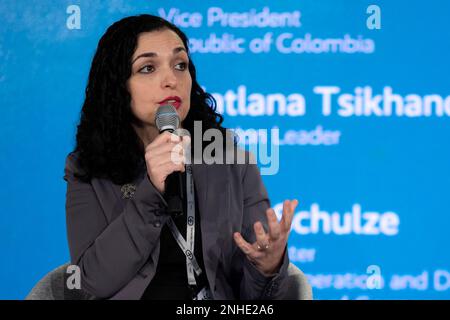 Munich, Germany. 18 February, 2023. Kosovo President Vjosa Osmani remarks at the Women, Peace and Security panel discussion during the Munich Security Conference at the Bayerischer Hof Hotel February 18, 2023 in Munich, Germany.  Credit: Tobias Koehler/MSC/Munich Security Conference/Alamy Live News Stock Photo