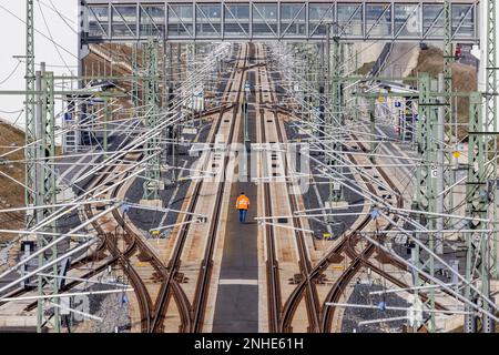 High-speed line SFS, line for high-speed traffic HGV of Deutsche Bahn AG, overhead lines and technical installations at Merklingen-Swabian Alb Stock Photo