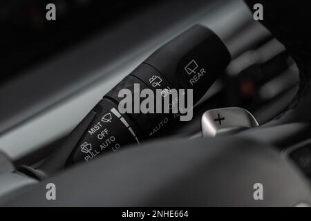 Car wiper adjustment lever. Wipers switch control. Windscreen wipers select buttons, Stock Photo
