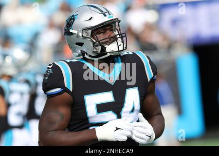 CHARLOTTE, NC - NOVEMBER 27: Carolina Panthers defensive tackle Daviyon  Nixon (54) during an NFL football game between the Denver Broncos and the Carolina  Panthers on November 27, 2022, at Bank of