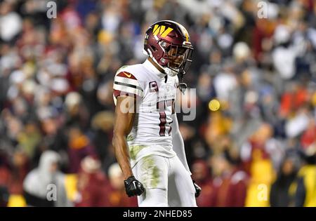 LANDOVER, MD - JANUARY 08: Commanders wide receiver Jahan Dotson (1) runs  after a catch during the Dallas Cowboys versus Washington Commanders  National Football League game at FedEx Field on January 8