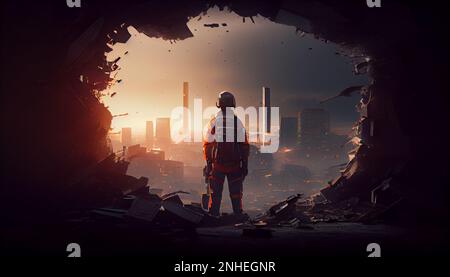 Rescue worker is looking on destroyed city after earthquake. Stock Photo