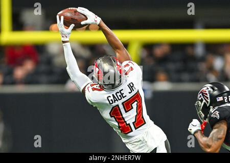 Atlanta Falcons wide receiver Olamide Zaccheaus (17) works during the first  half of an NFL football game against the Tampa Bay Buccaneers, Sunday, Jan.  8, 2023, in Atlanta. The Atlanta Falcons won