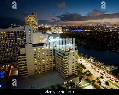 Miami Beach, FL, USA - February 17, 2023: Aerial photo Eden Roc historic landmark hotel Stock Photo