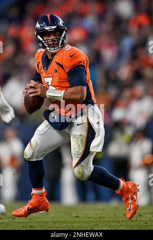 DENVER, CO - JANUARY 8: Denver Broncos quarterback Russell Wilson (3)  passes during a game between the Los Angeles Chargers and the Denver Broncos  at Empower Field at Mile High on January