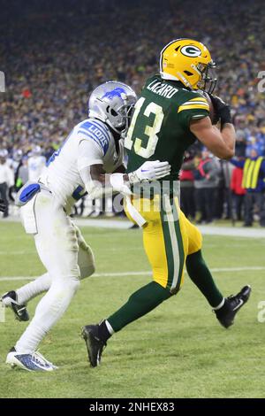 GREEN BAY, WI - JANUARY 08: Green Bay Packers linebacker Quay Walker (7)  celebrates during a game between the Green Bay Packers and the Detroit  Lions at Lambeau Field on January 8