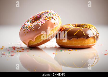 closeup of two delicious donuts covered in rich chocolate, placed on a white table. With the soft blur in the background highlighting the sugary treats Stock Photo