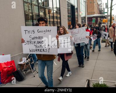 YouTube workers and supporters rally outside of the Google building in Chelsea in New York on Tuesday, February 21, 2023 in support of striking YouTube Music workers. The YouTube Music Content Operations team, formally employed by a third-party Cognizant, filed for a union election in the Alphabet Workers Union and claim that they were retaliated against, including a back-to-office mandate. (© Richard B. Levine) Stock Photo