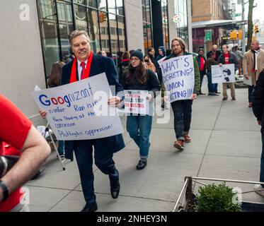 YouTube workers and supporters rally outside of the Google building in Chelsea in New York on Tuesday, February 21, 2023 in support of striking YouTube Music workers. The YouTube Music Content Operations team, formally employed by a third-party Cognizant, filed for a union election in the Alphabet Workers Union and claim that they were retaliated against, including a back-to-office mandate. (© Richard B. Levine) Stock Photo