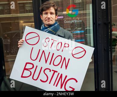 YouTube workers and supporters rally outside of the Google building in Chelsea in New York on Tuesday, February 21, 2023 in support of striking YouTube Music workers. The YouTube Music Content Operations team, formally employed by a third-party Cognizant, filed for a union election in the Alphabet Workers Union and claim that they were retaliated against, including a back-to-office mandate. (© Richard B. Levine) Stock Photo