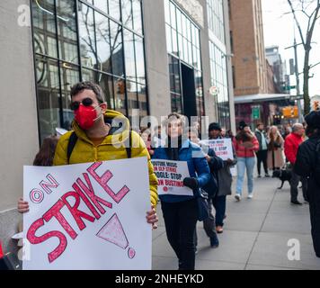 YouTube workers and supporters rally outside of the Google building in Chelsea in New York on Tuesday, February 21, 2023 in support of striking YouTube Music workers. The YouTube Music Content Operations team, formally employed by a third-party Cognizant, filed for a union election in the Alphabet Workers Union and claim that they were retaliated against, including a back-to-office mandate. (© Richard B. Levine) Stock Photo