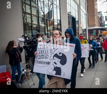 YouTube workers and supporters rally outside of the Google building in Chelsea in New York on Tuesday, February 21, 2023 in support of striking YouTube Music workers. The YouTube Music Content Operations team, formally employed by a third-party Cognizant, filed for a union election in the Alphabet Workers Union and claim that they were retaliated against, including a back-to-office mandate. (© Richard B. Levine) Stock Photo