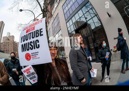 YouTube workers and supporters rally outside of the Google building in Chelsea in New York on Tuesday, February 21, 2023 in support of striking YouTube Music workers. The YouTube Music Content Operations team, formally employed by a third-party Cognizant, filed for a union election in the Alphabet Workers Union and claim that they were retaliated against, including a back-to-office mandate. (© Richard B. Levine) Stock Photo