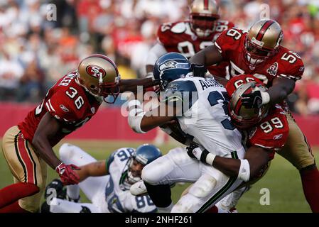 Seattle Seahawks running back Shaun Alexander watches as the game slips away  in the second half of Super Bowl XL featuring the Seattle Seahawks and the  Pittsburgh Steelers at Ford Field in