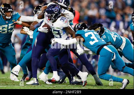 Jacksonville, Florida, USA. January 7, 2023: Jacksonville Jaguars defensive  tackle COREY PETERS (98) reacts after making a stop during the Jacksonville  Jaguars vs Tennessee Titans NFL game at TIAA Bank Field Stadium