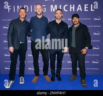 (left to right) Bear Grylls, Tom Hutchings, Spencer Matthews and Nims Purja attending the premiere of the documentary, Finding Michael, at the Dolby Cinema At The Cinema In The Power Station, Battersea Power Station, London. Picture date: Tuesday February 21, 2023. Stock Photo