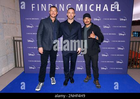 (left to right) Bear Grylls, Spencer Matthews and Nims Purja attending the premiere of the documentary, Finding Michael, at the Dolby Cinema At The Cinema In The Power Station, Battersea Power Station, London. Picture date: Tuesday February 21, 2023. Stock Photo