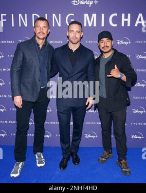 (left to right) Bear Grylls, Spencer Matthews and Nims Purja attending the premiere of the documentary, Finding Michael, at the Dolby Cinema At The Cinema In The Power Station, Battersea Power Station, London. Picture date: Tuesday February 21, 2023. Stock Photo