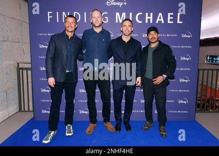 (left to right) Bear Grylls, Tom Hutchings, Spencer Matthews and Nims Purja attending the premiere of the documentary, Finding Michael, at the Dolby Cinema At The Cinema In The Power Station, Battersea Power Station, London. Picture date: Tuesday February 21, 2023. Stock Photo