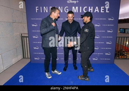 (left to right) Bear Grylls, Spencer Matthews and Nims Purja attending the premiere of the documentary, Finding Michael, at the Dolby Cinema At The Cinema In The Power Station, Battersea Power Station, London. Picture date: Tuesday February 21, 2023. Stock Photo