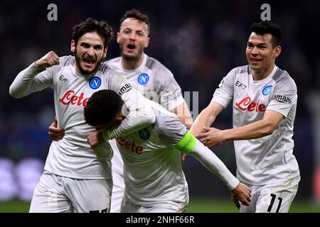 Frankfurt am Main, Germany. 21 February 2023. Giovanni Di Lorenzo of SSC Napoli celebrates with Khvicha Kvaratskhelia, Amir Rrahmani, Hirving Lozano of SSC Napoli after scoring a goal during the UEFA Champions League round of 16 football match between Eintracht Frankfurt and SSC Napoli. Credit: Nicolò Campo/Alamy Live News Stock Photo