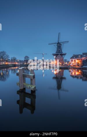 Windmill De Adriaan at night in Haarlem, Netherlands Stock Photo