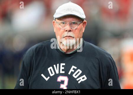 Tampa Bay Buccaneers wide receivers coach Kevin Garver wears a Love for  Damar shirt in honor of injured Buffalo Bills player Damar Hamlin before  an NFL football game against the Atlanta Falcons