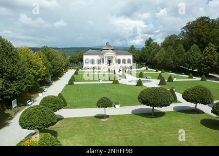 The aerial view of a formal 18th century garden inside historic Melk Abbey in Melk town (Austria). Stock Photo