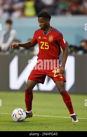 AL-RAYYAN - Ansu Fati of Spain during the FIFA World Cup Qatar 2022 group E match between Japan and Spain at Khalifa International stadium on December 1, 2022 in Ar-Rayyan, Qatar. AP | Dutch Height | MAURICE OF STONE Stock Photo