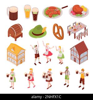 Oktoberfest isometric icons set with traditional German beer festival symbols isolated vector illustration Stock Vector