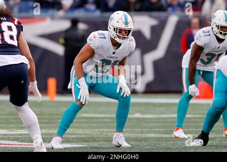 FOXBOROUGH, MA - JANUARY 01: Miami Dolphins running back Raheem Mostert  (31) on a carry during a game between the New England Patriots and the  Miami Dolphins on January 1, 2023, at