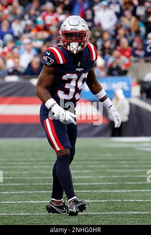 FOXBOROUGH, MA - JANUARY 01: New England Patriots defensive back Tae Hayes  (39) during a game between the New England Patriots and the Miami Dolphins  on January 1, 2023, at Gillette Stadium