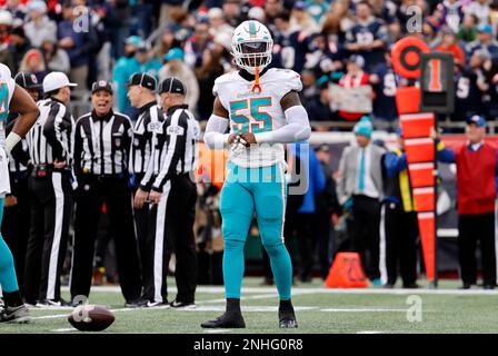 FOXBOROUGH, MA - JANUARY 01: Miami Dolphins offensive linemen Brandon Shell  (71) and Robert Hunt (68) block during a game between the New England  Patriots and the Miami Dolphins on January 1