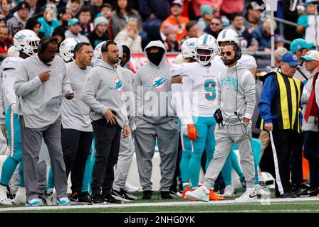 FOXBOROUGH, MA - JANUARY 01: Miami Dolphins tackle Kendall Lamm (70) during  a game between the New England Patriots and the Miami Dolphins on January  1, 2023, at Gillette Stadium in Foxboro