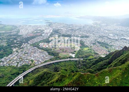 Aerial Photography,Helicopter Hanauma Bay and stairway to heaven hike Honolulu,Oahu,Hawaii,USAAloha Shirt Store,Waikiki Stock Photo