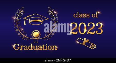 Golden graduation with a student cap, diploma scroll, and congratulatory text on a dark blue background. Perfect for celebrating academic achievements Stock Vector