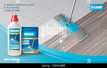 Household cleaning products realistic poster with brush washing floor vector illustration Stock Vector