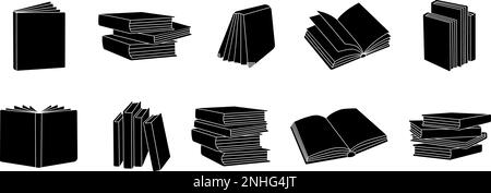 Set of books. Bookstore, library symbols. Pile of book silhouettes. Closed and open books. Library, book shop icons. Vector illustration Stock Vector