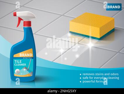 Household cleaning realistic poster with detergent spray and sponge washing floor vector illustration Stock Vector