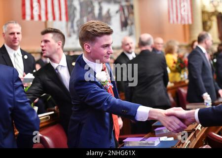 State Rep. Alec Ryncavage, (R-119) reacts after flipping the switch for ...