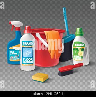 Household cleaning products composition with realistic detergent bottles on transparent background vector illustration Stock Vector